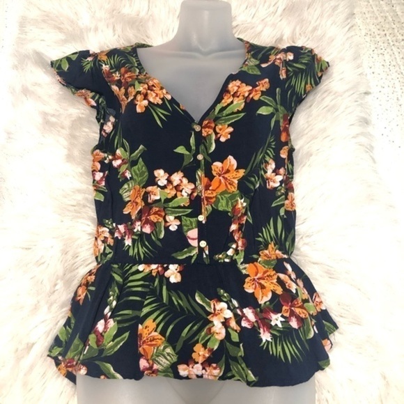 U2b Navy floral elastic waist top size medium - Picture 1 of 5